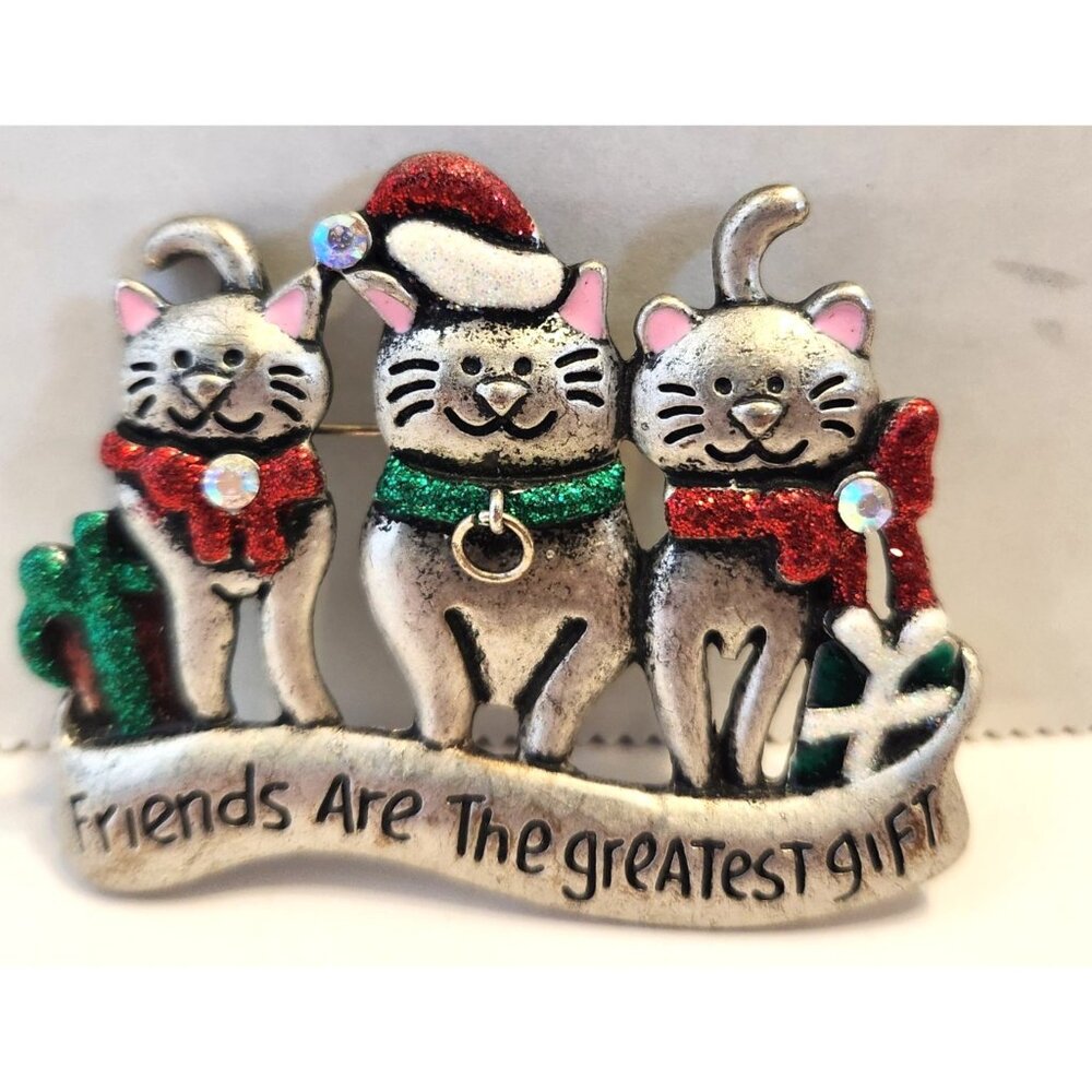 Vintage KC Christmas Cat Brooch With Rhinestones & Holiday Text - Friends Are Th